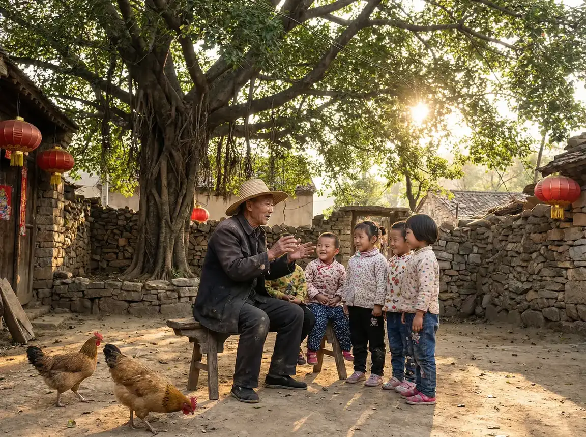 老人在大榕树下给孩子们讲故事 - 电视剧蓝色档案 乡村记忆